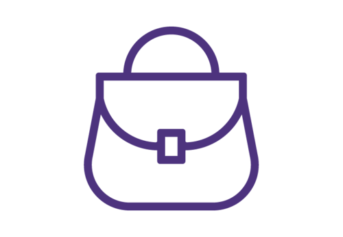 Stylized illustration of a handbag, featuring a rounded handle and a clasp, designed in a minimalist purple outline.