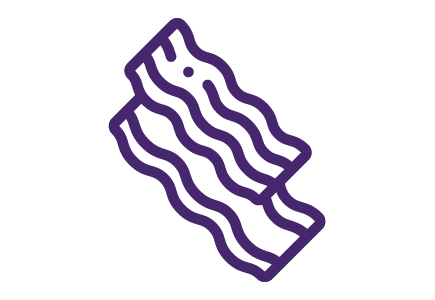 Illustration of two wavy strips of bacon in a minimalist purple outline, representing breakfast foods and culinary themes.