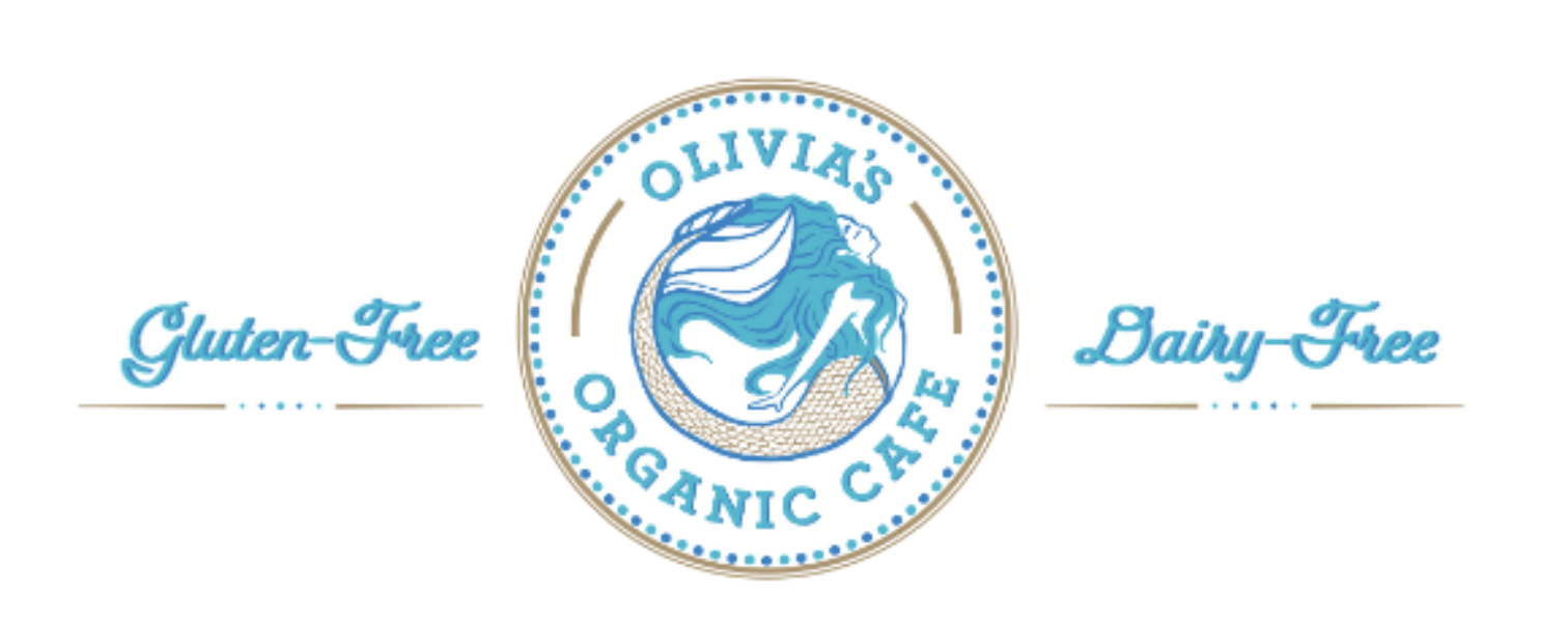 Logo of Olivia's Organic Cafe featuring a mermaid design, emphasizing its gluten-free and dairy-free offerings, ideal for health-conscious diners.