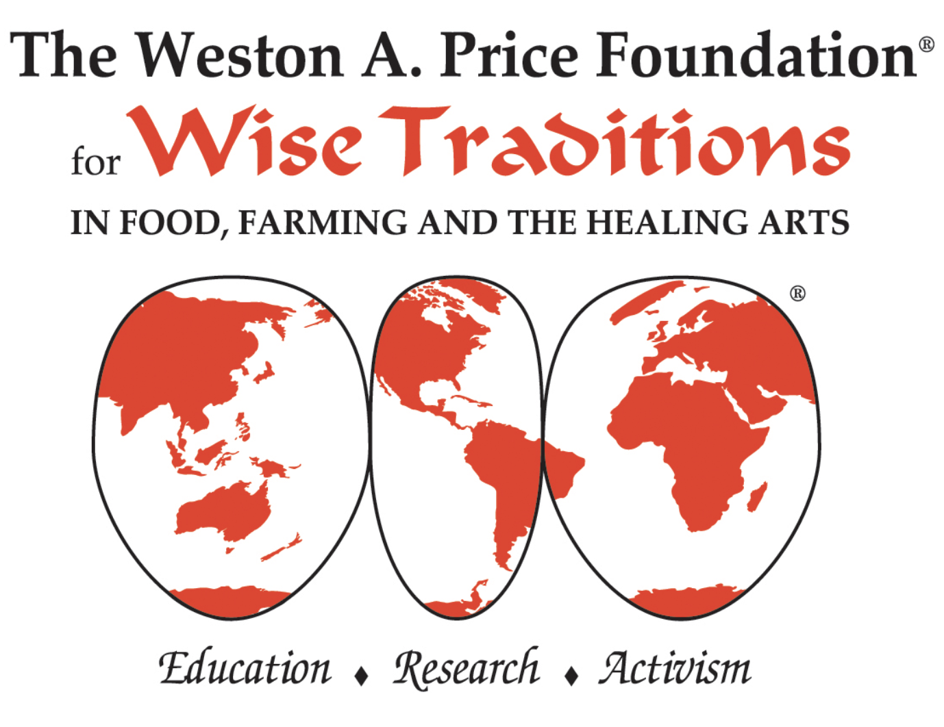 Logo of the Weston A. Price Foundation, promoting Wise Traditions in food, farming, and healing arts, featuring a globe design with the words "Education," "Research," and "Activism" to highlight the foundation's mission.