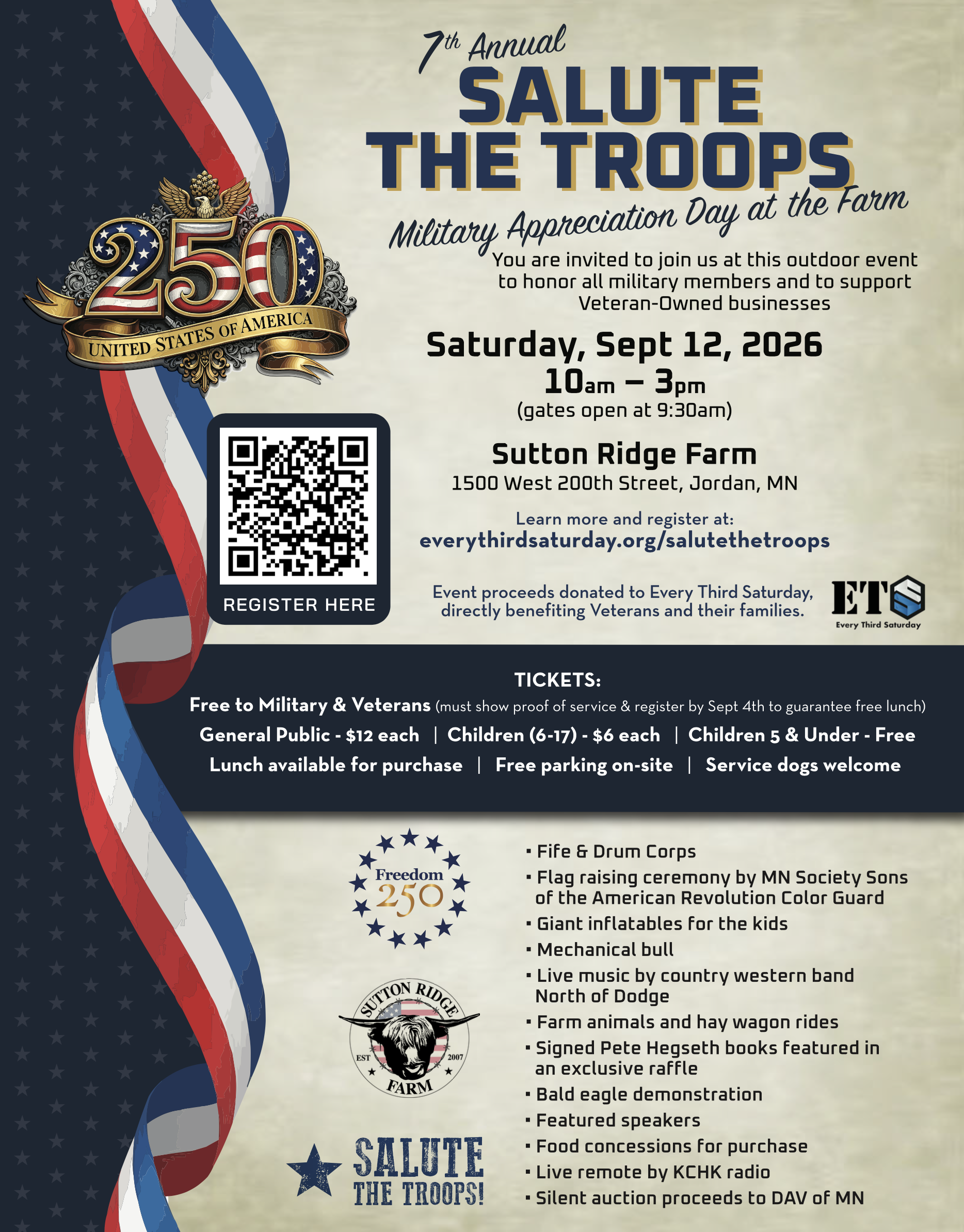 Alt text: Promotional flyer for the 7th Annual Salute the Troops event, a military appreciation day at Sutton Ridge Farm in Jordan, MN, on September 12, 2026. The event features activities like a Fife & Drum Corps, flag raising ceremony, live music, farm animals, and food vendors. Admission is free for military and veterans, with tickets available for the general public and children. Proceeds benefit veterans and their families.