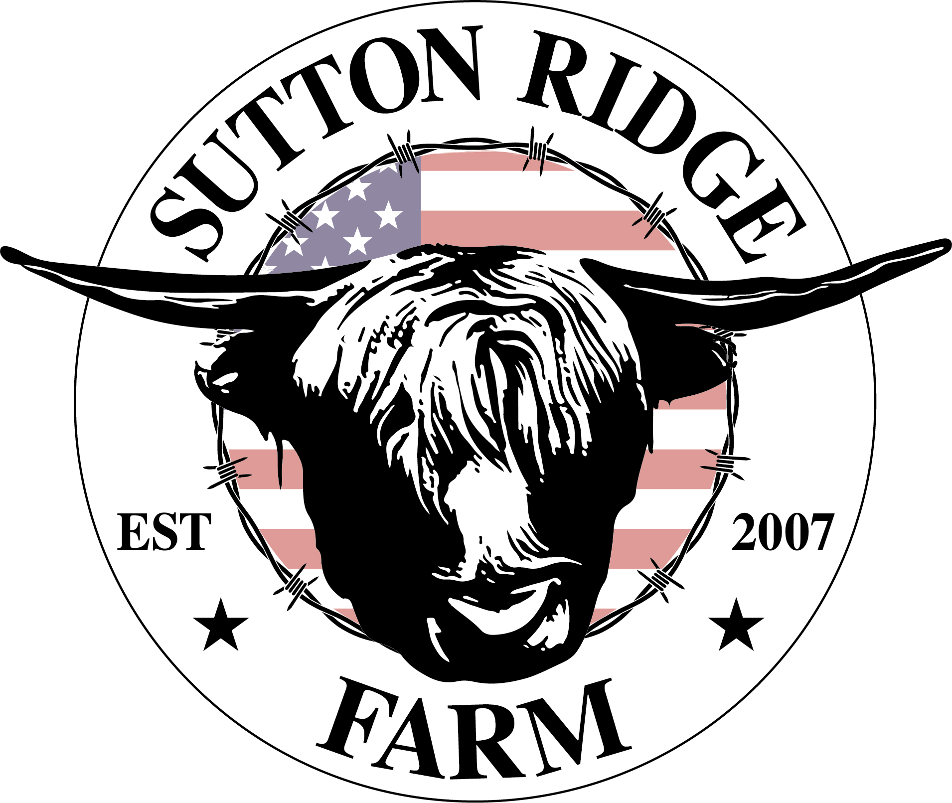 Logo of Sutton Ridge Farm featuring a Highland cow's head, established in 2007, with an American flag background and barbed wire design.