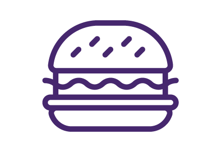 Icon of a hamburger with a sesame seed bun, featuring layers of lettuce and a patty, designed in a simple purple outline.